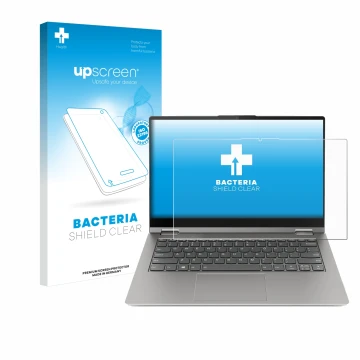 Parte frontale di una confezione del prodotto con il logo del marchio upscreen. Accanto è raffigurato il dispositivo Lenovo Th