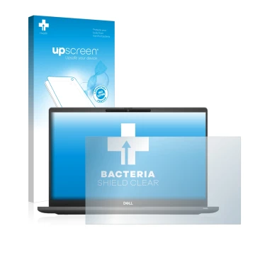 Parte frontale di una confezione del prodotto con il logo del marchio upscreen. Accanto è raffigurato il dispositivo Dell Lati