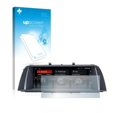 Parte frontale di una confezione del prodotto con il logo del marchio upscreen. Accanto è raffigurato il dispositivo BMW 5 F10