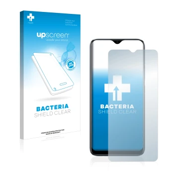 Parte frontale di una confezione del prodotto con il logo del marchio upscreen. Accanto è raffigurato il dispositivo realme C1