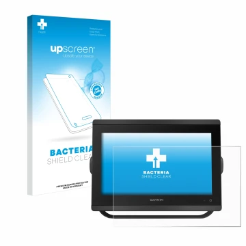 Parte frontale di una confezione del prodotto con il logo del marchio upscreen. Accanto è raffigurato il dispositivo Garmin GP