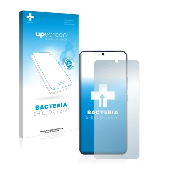 Parte frontale di una confezione del prodotto con il logo del marchio upscreen. Accanto è raffigurato il dispositivo Vivo V21 
