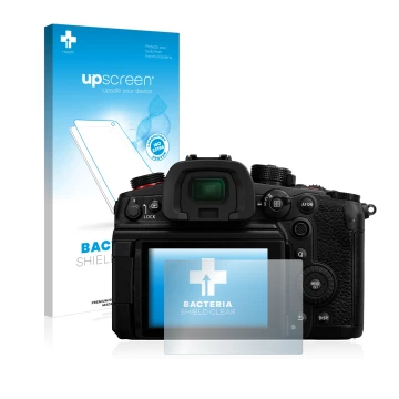 Parte frontale di una confezione del prodotto con il logo del marchio upscreen. Accanto è raffigurato il dispositivo Panasonic