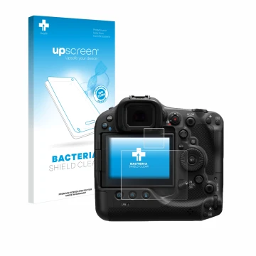 Parte frontale di una confezione del prodotto con il logo del marchio upscreen. Accanto è raffigurato il dispositivo Canon EOS