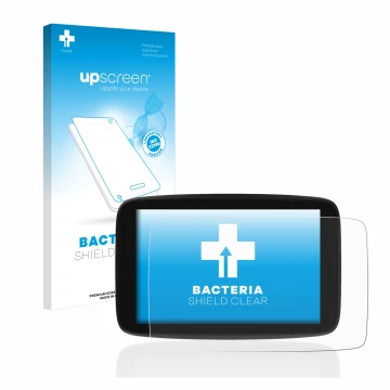 Parte frontale di una confezione del prodotto con il logo del marchio upscreen. Accanto è raffigurato il dispositivo TomTom Go