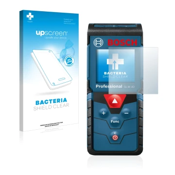 Parte frontale di una confezione del prodotto con il logo del marchio upscreen. Accanto è raffigurato il dispositivo Bosch GLM