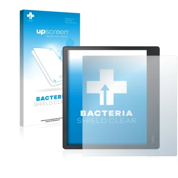 Parte frontale di una confezione del prodotto con il logo del marchio upscreen. Accanto è raffigurato il dispositivo Kobo Elip