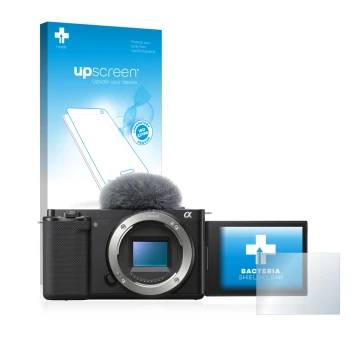 Parte frontale di una confezione del prodotto con il logo del marchio upscreen. Accanto è raffigurato il dispositivo Sony Alph
