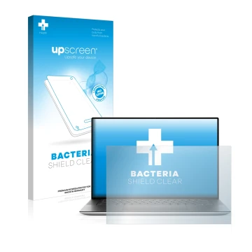 Parte frontale di una confezione del prodotto con il logo del marchio upscreen. Accanto è raffigurato il dispositivo Dell XPS 