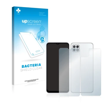 Parte frontale di una confezione del prodotto con il logo del marchio upscreen. Accanto è raffigurato il dispositivo Samsung G