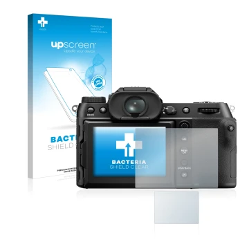 Parte frontale di una confezione del prodotto con il logo del marchio upscreen. Accanto è raffigurato il dispositivo Fujifilm 