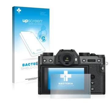 Parte frontale di una confezione del prodotto con il logo del marchio upscreen. Accanto è raffigurato il dispositivo Fujifilm 