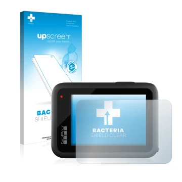 Parte frontale di una confezione del prodotto con il logo del marchio upscreen. Accanto è raffigurato il dispositivo GoPro Her