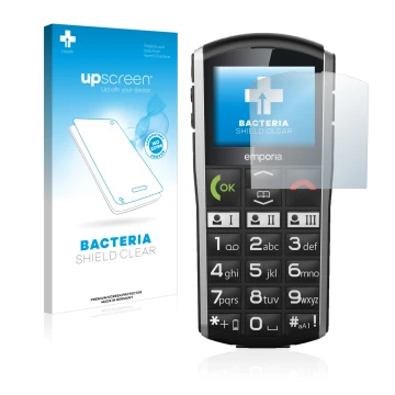 Parte frontale di una confezione del prodotto con il logo del marchio upscreen. Accanto è raffigurato il dispositivo Emporia S