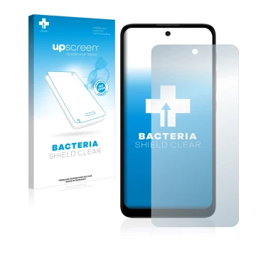 Parte frontale di una confezione del prodotto con il logo del marchio upscreen. Accanto è raffigurato il dispositivo Motorola 