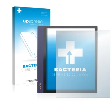 Parte frontale di una confezione del prodotto con il logo del marchio upscreen. Accanto è raffigurato il dispositivo Boox Note