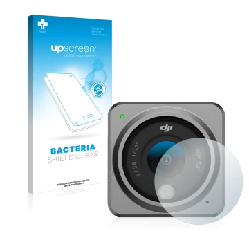 Parte frontale di una confezione del prodotto con il logo del marchio upscreen. Accanto è raffigurato il dispositivo DJI Actio