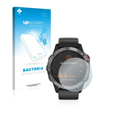 Parte frontale di una confezione del prodotto con il logo del marchio upscreen. Accanto è raffigurato il dispositivo Garmin Fe