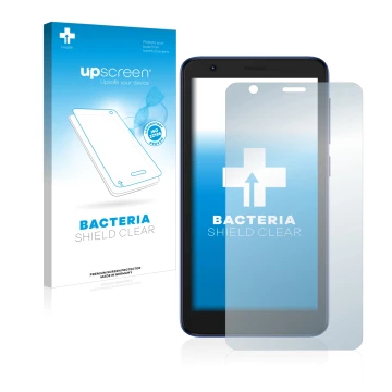 Parte frontale di una confezione del prodotto con il logo del marchio upscreen. Accanto è raffigurato il dispositivo ZTE Blade