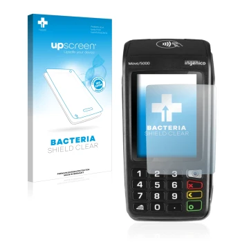 Parte frontale di una confezione del prodotto con il logo del marchio upscreen. Accanto è raffigurato il dispositivo ingenico 