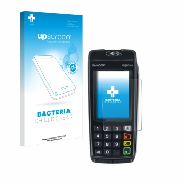 Parte frontale di una confezione del prodotto con il logo del marchio upscreen. Accanto è raffigurato il dispositivo ingenico 