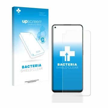 Parte frontale di una confezione del prodotto con il logo del marchio upscreen. Accanto è raffigurato il dispositivo realme GT