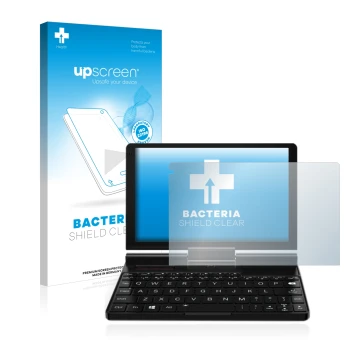 Parte frontale di una confezione del prodotto con il logo del marchio upscreen. Accanto è raffigurato il dispositivo GPD Pocke