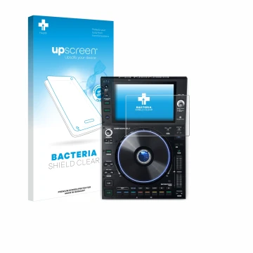 Parte frontale di una confezione del prodotto con il logo del marchio upscreen. Accanto è raffigurato il dispositivo Denon DJ 
