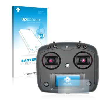 Parte frontale di una confezione del prodotto con il logo del marchio upscreen. Accanto è raffigurato il dispositivo FlySky FS