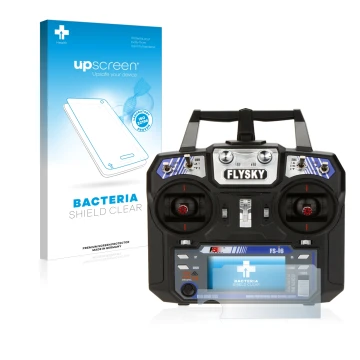 Parte frontale di una confezione del prodotto con il logo del marchio upscreen. Accanto è raffigurato il dispositivo FlySky FS