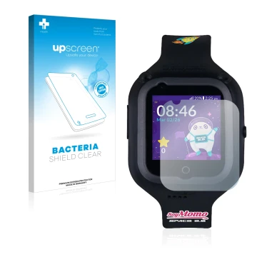 Parte frontale di una confezione del prodotto con il logo del marchio upscreen. Accanto è raffigurato il dispositivo SoyMomo S