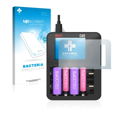 Parte frontale di una confezione del prodotto con il logo del marchio upscreen. Accanto è raffigurato il dispositivo ISDT C4 E