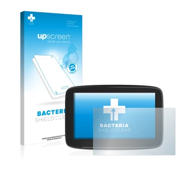 Parte frontale di una confezione del prodotto con il logo del marchio upscreen. Accanto è raffigurato il dispositivo TomTom GO