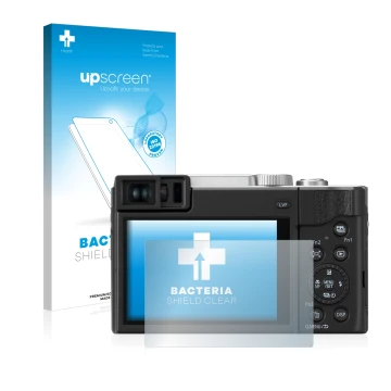 Parte frontale di una confezione del prodotto con il logo del marchio upscreen. Accanto è raffigurato il dispositivo Panasonic