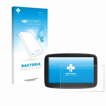 Parte frontale di una confezione del prodotto con il logo del marchio upscreen. Accanto è raffigurato il dispositivo TomTom GO