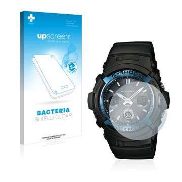 Parte frontale di una confezione del prodotto con il logo del marchio upscreen. Accanto è raffigurato il dispositivo Casio AWG