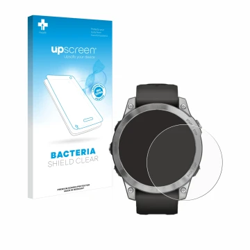 Parte frontale di una confezione del prodotto con il logo del marchio upscreen. Accanto è raffigurato il dispositivo Garmin Fe