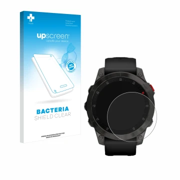 Parte frontale di una confezione del prodotto con il logo del marchio upscreen. Accanto è raffigurato il dispositivo Garmin ep