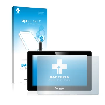 Parte frontale di una confezione del prodotto con il logo del marchio upscreen. Accanto è raffigurato il dispositivo Portkeys 