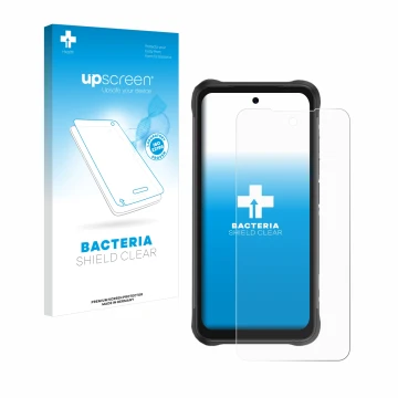 Parte frontale di una confezione del prodotto con il logo del marchio upscreen. Accanto è raffigurato il dispositivo Umidigi B