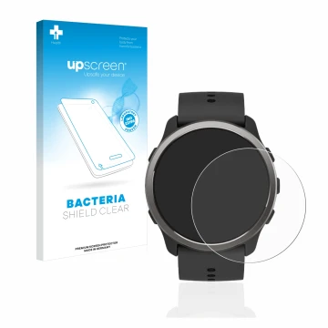 Parte frontale di una confezione del prodotto con il logo del marchio upscreen. Accanto è raffigurato il dispositivo Suunto 5 
