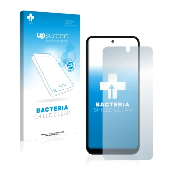 Parte frontale di una confezione del prodotto con il logo del marchio upscreen. Accanto è raffigurato il dispositivo Motorola 