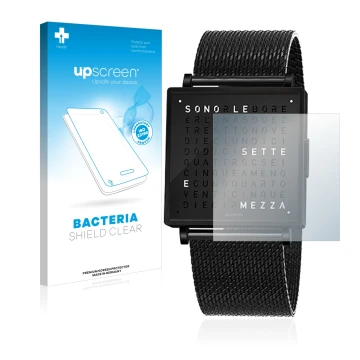 Parte frontale di una confezione del prodotto con il logo del marchio upscreen. Accanto è raffigurato il dispositivo Qlocktwo 