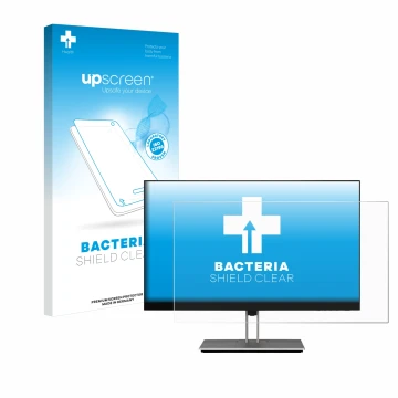 Parte frontale di una confezione del prodotto con il logo del marchio upscreen. Accanto è raffigurato il dispositivo HP E24 G4