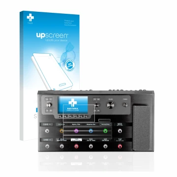 Parte frontale di una confezione del prodotto con il logo del marchio upscreen. Accanto è raffigurato il dispositivo Line 6 He