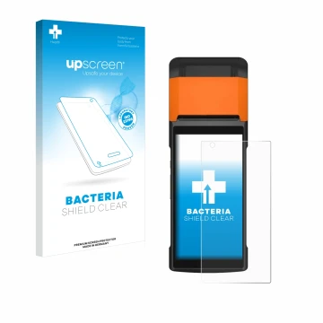 Parte frontale di una confezione del prodotto con il logo del marchio upscreen. Accanto è raffigurato il dispositivo Sunmi V2s