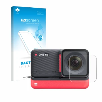 Parte frontale di una confezione del prodotto con il logo del marchio upscreen. Accanto è raffigurato il dispositivo Insta360 