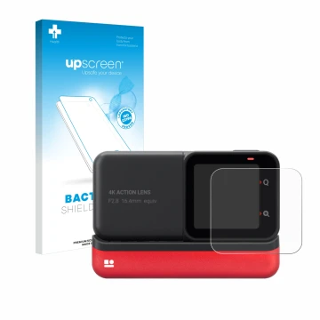 Parte frontale di una confezione del prodotto con il logo del marchio upscreen. Accanto è raffigurato il dispositivo Insta360 