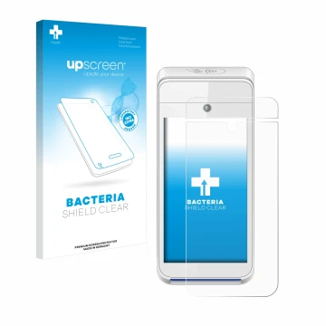 Parte frontale di una confezione del prodotto con il logo del marchio upscreen. Accanto è raffigurato il dispositivo Pax A920 