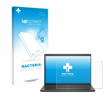 Parte frontale di una confezione del prodotto con il logo del marchio upscreen. Accanto è raffigurato il dispositivo Dell Lati